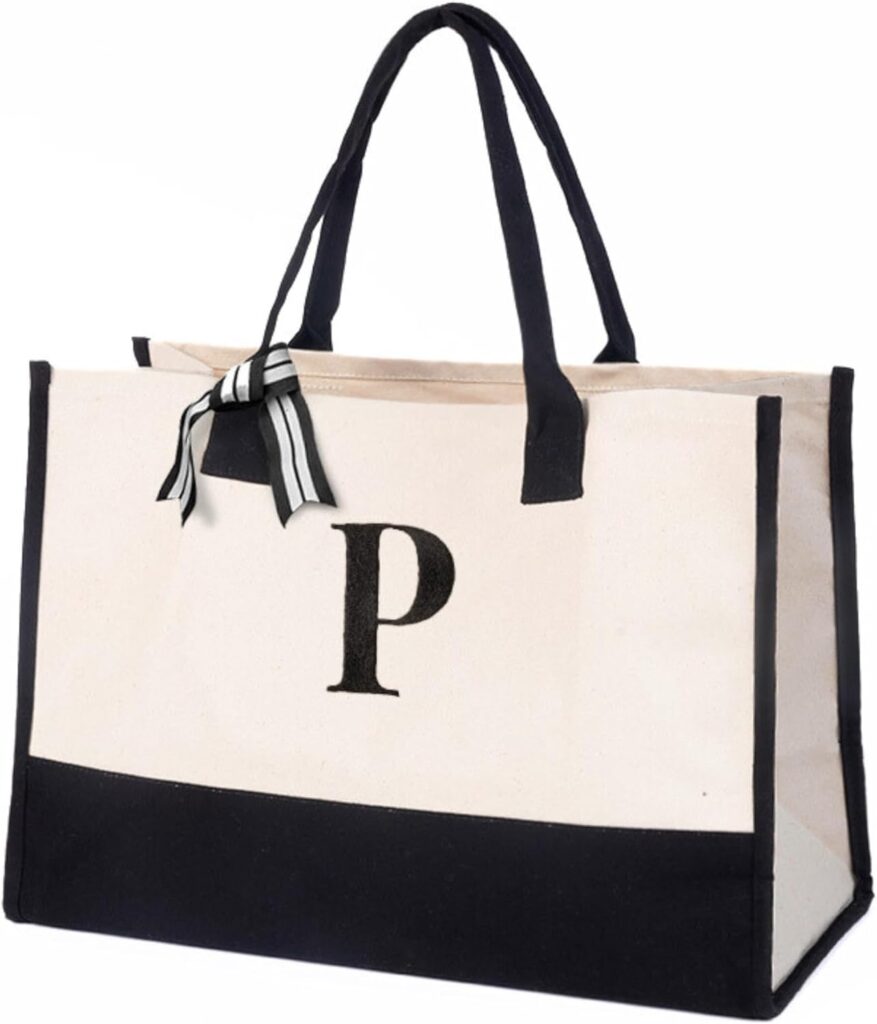 Salt Earth 100% Cotton Personalized Everyday Canvas Initial Tote Bag for Women, Monogrammed Large Utility Bag for Beach