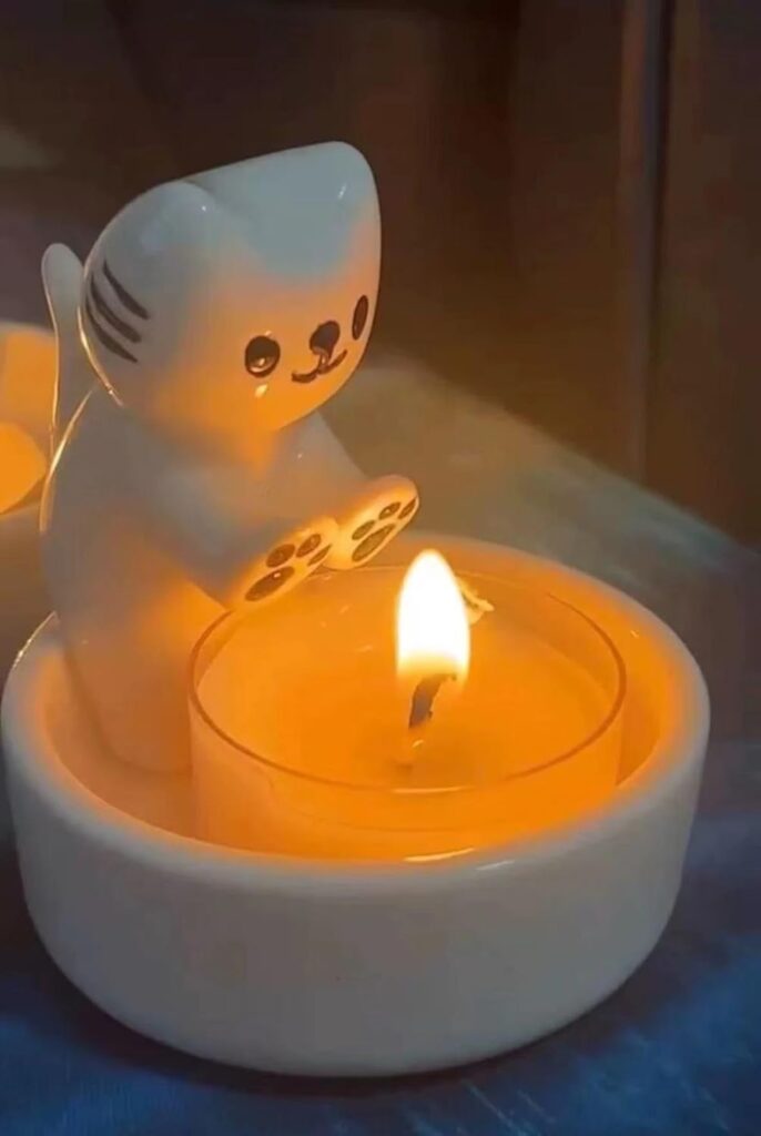 Cartoon Kitten Candle Holder, Handmade Ceramic Candlestick, Kitty Warming Its Paws Cute Scented Light Holder, Gift for Girl Women, Cat Lover Choice(Not Included Candles)