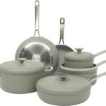 Sur La Table Kitchen Essentials Potluck Porch 10 Piece PFA Free Ceramic Non stick Interior Forged Aluminum Cookware Pots and Pans Set W/Aluminum Lids – Green – Induction Compatible
