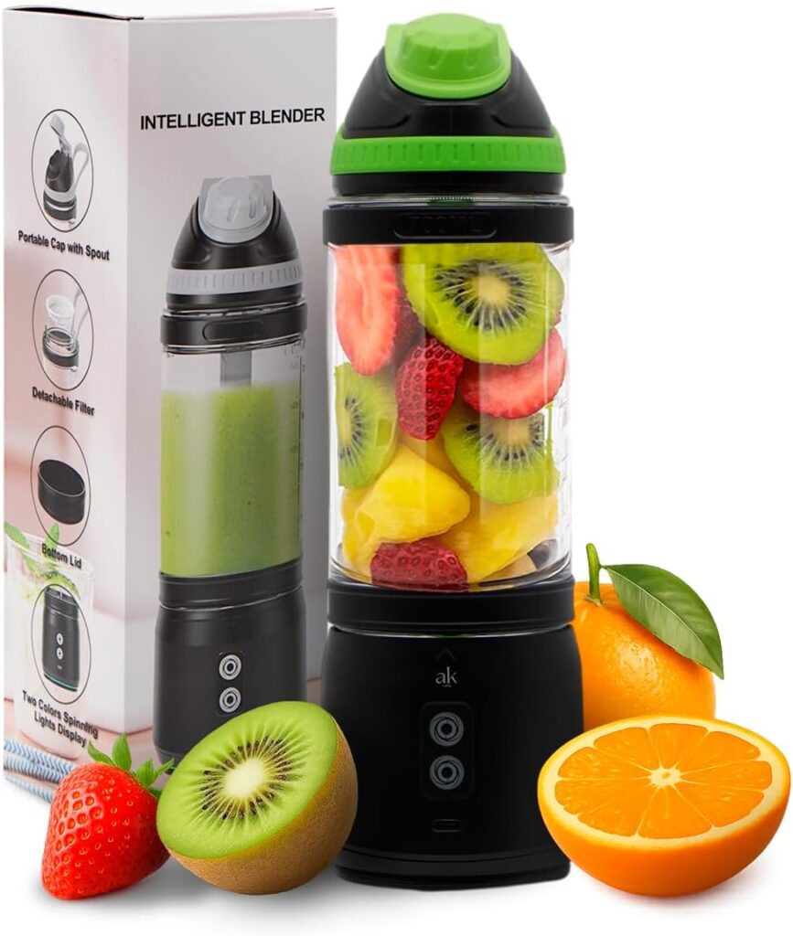 Rechargeable Smoothie Blender 700ml – Portable Mini Travel Blender for Shakes and Smoothies with Six Stainless Steel Blades and USB Charging (Black and Green)