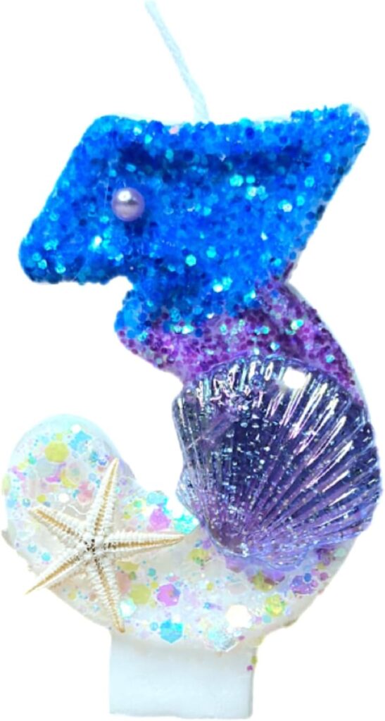 Blue Purple Mermaid Birthday Candles for Cake,Handmade Numeral 3 Candle with Starfish Shell, Blue Purple Birthday Candles,Mermaid Theme Cake Topper Decorations for Girls Birthday Party