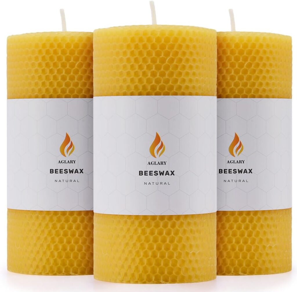 3PCS Beeswax Pillar Candles,Large Handmade Pure Beeswax Rolled Candle,Unscented & Dripless & Smokeless,3 * 6″