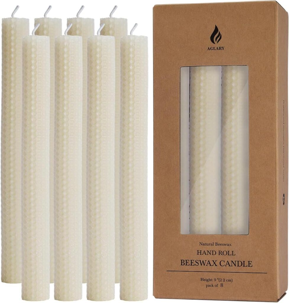 8PCS 9″ Hand-Rolled Beeswax Taper Candles, Real Pure Beeswax, Handmade Honeycomb Candles, Flat Top, Cream