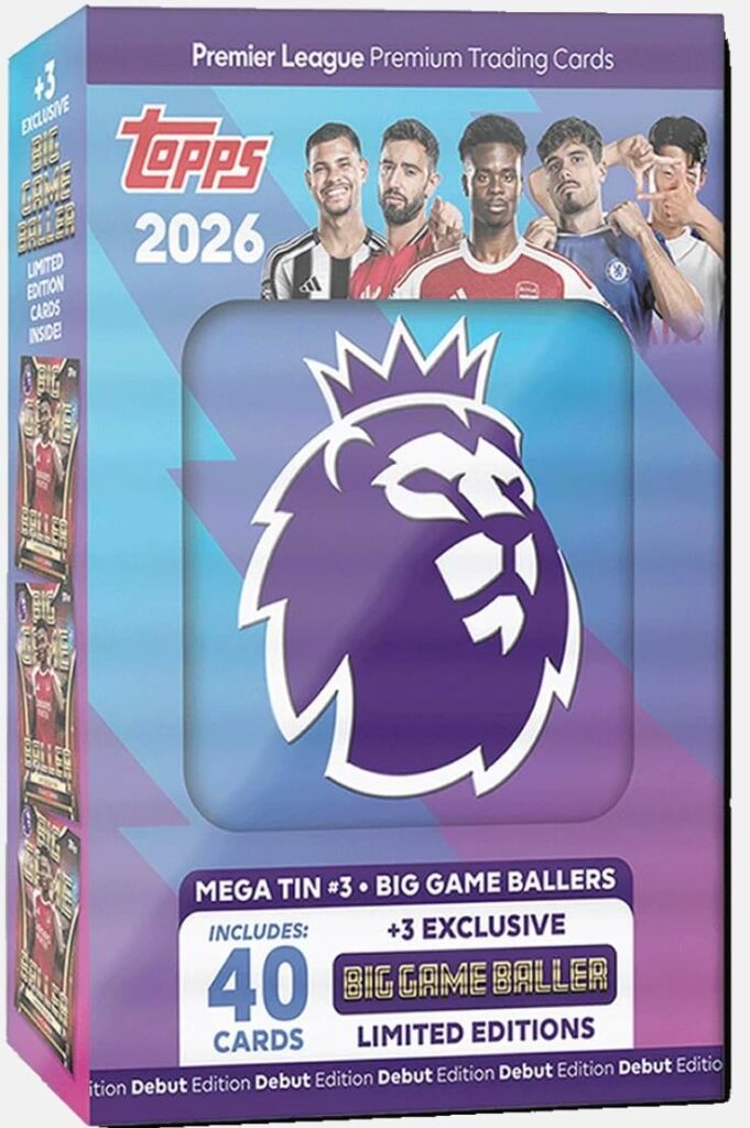 Premier League Topps 2026 New – One Random Mega Tin – 40 Cards Including 3 Exclusive LE 25/26 Soccer Cards + Hassential Sticker