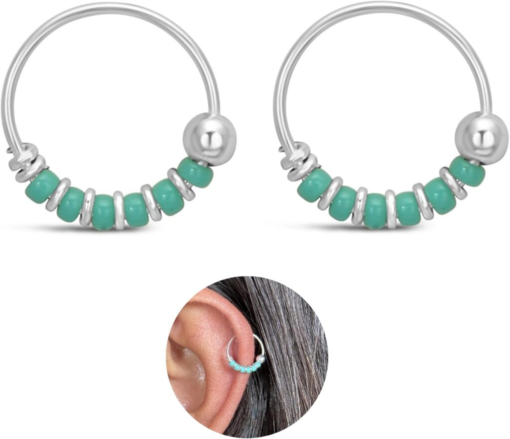 Handmade Silver Pair Small 10MM Cartilgae Helix Piercing Beaded Hoop Earrings, 925 Sterling Silver, Thin 22Gauge Turquoise Color Beads Hoops for women, By Miya Jewelry Creations