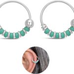 Handmade Silver Pair Small 10MM Cartilgae Helix Piercing Beaded Hoop Earrings, 925 Sterling Silver, Thin 22Gauge Turquoise Color Beads Hoops for women, By Miya Jewelry Creations