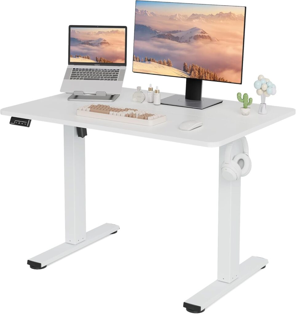 Electric Standing Desk Adjustable Height, 40×24 Inches Sit Stand up Desktop for Home Office, Ergonomic Rising Computer Table with Memory Preset, White