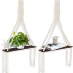 2 PCS Macrame Wall Hanging Shelf Wall Decor Set, Rustic Plant Shelf, Boho Wooden Display Floating Shelves with Handmade Woven Rope for Bedroom Dorm Nursery Living Room Bathroom Hanging Photos
