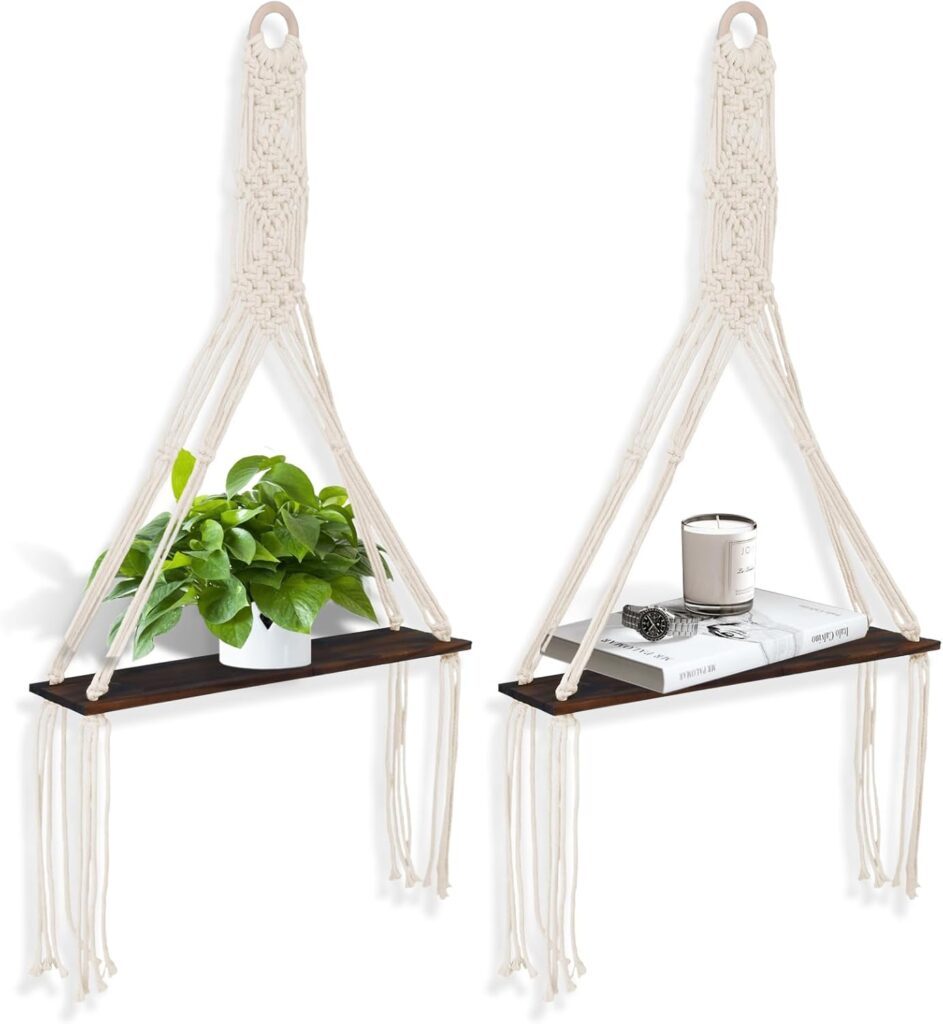 2 PCS Macrame Wall Hanging Shelf Wall Decor Set, Rustic Plant Shelf, Boho Wooden Display Floating Shelves with Handmade Woven Rope for Bedroom Dorm Nursery Living Room Bathroom Hanging Photos