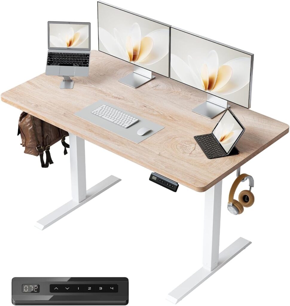 FEZIBO One-Piece Standing Desk Adjustable Height Stand up Home Office Desk, 48×24 Inch Electric Standing Computer Desk, with 4 Memory Presets, Headphone Hook, Maple