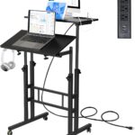 Hadulcet Mobile Standing Desk with Charging Station, Adjustable Standing Computer Desk, Standing Adjustable Laptop Cart with Wheels for Home Office Classroom Black