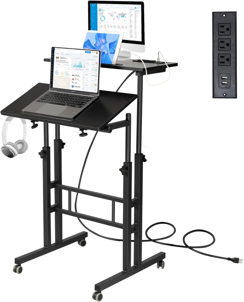 Hadulcet Mobile Standing Desk with Charging Station, Adjustable Standing Computer Desk, Standing Adjustable Laptop Cart with Wheels for Home Office Classroom Black