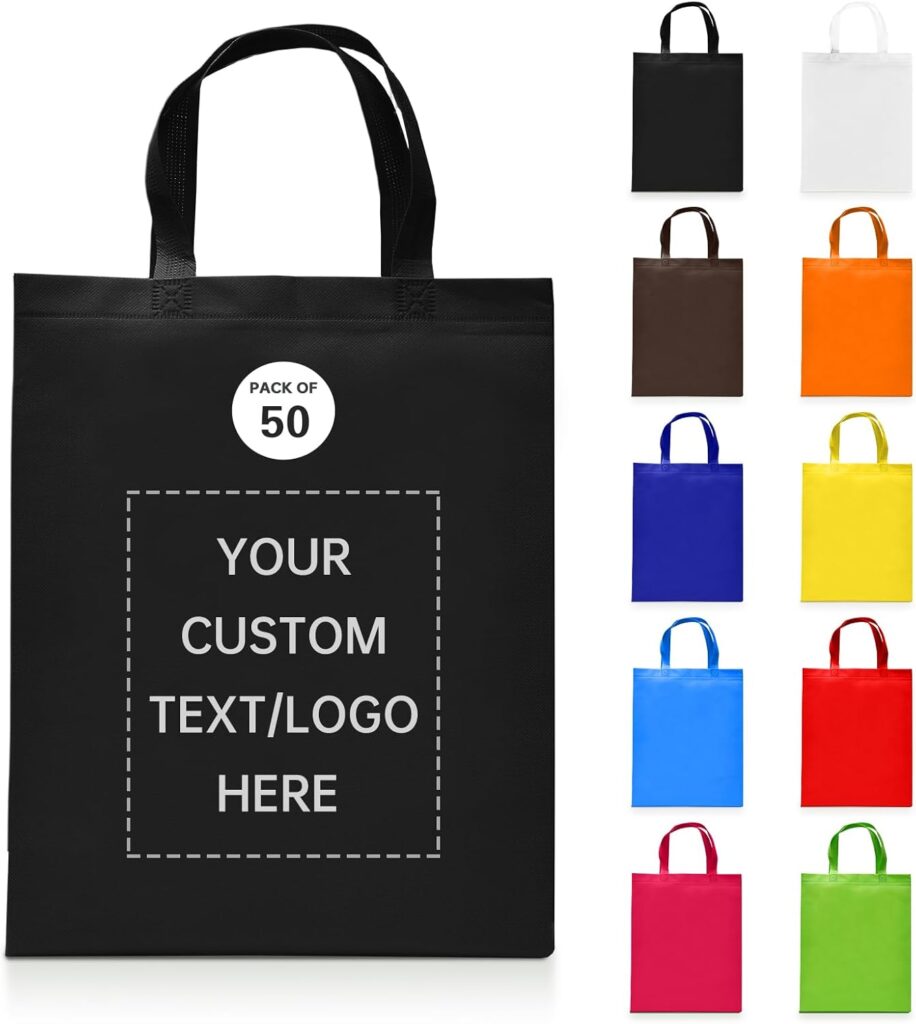 Custom Tote Bags Set of 50, Bulk Pack Grocery Shopping Travel Business Activities advertisement Reusable Bag