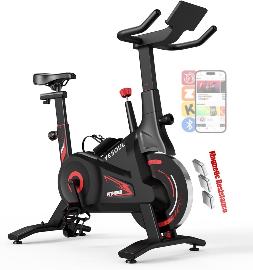 YESOUL Self-Powered Exercise Bike with LED Lights, Magnetic Resistance Spin Bike, 300 lbs Capacity Stationary Indoor Cycling Bike for Home Fitness, Smart App with Scenic Rides & Live Classes