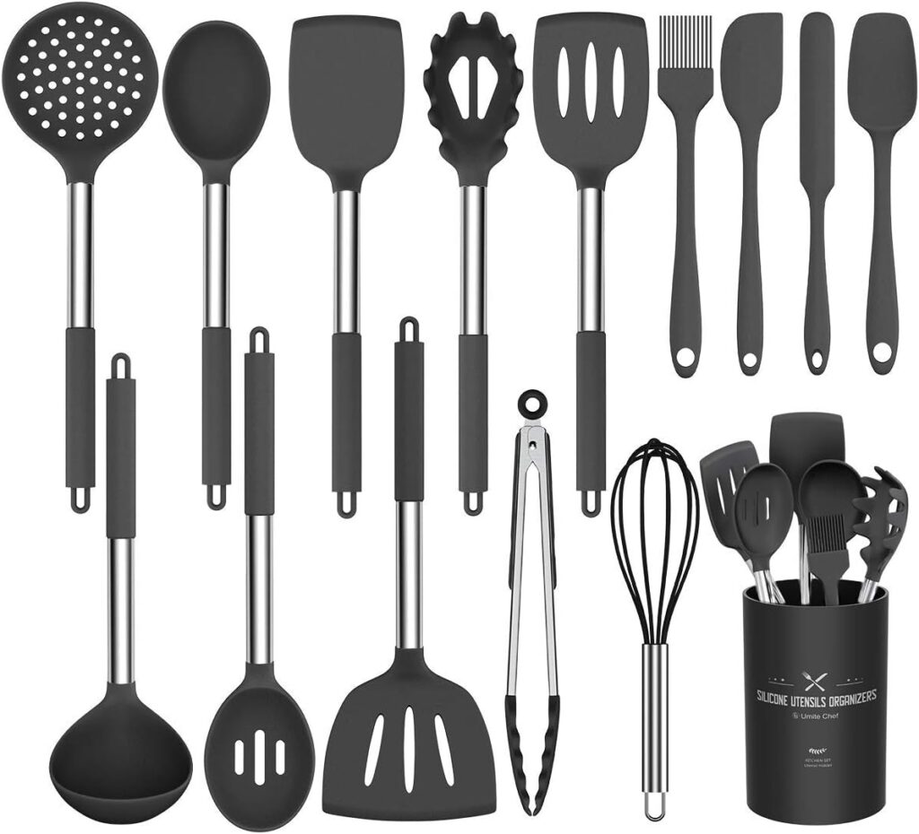 Silicone Cooking Utensil Set, Umite Chef 15pcs Silicone Cooking Kitchen Utensils Set, Non-stick – Best Kitchen Cookware with Stainless Steel Handle – Black