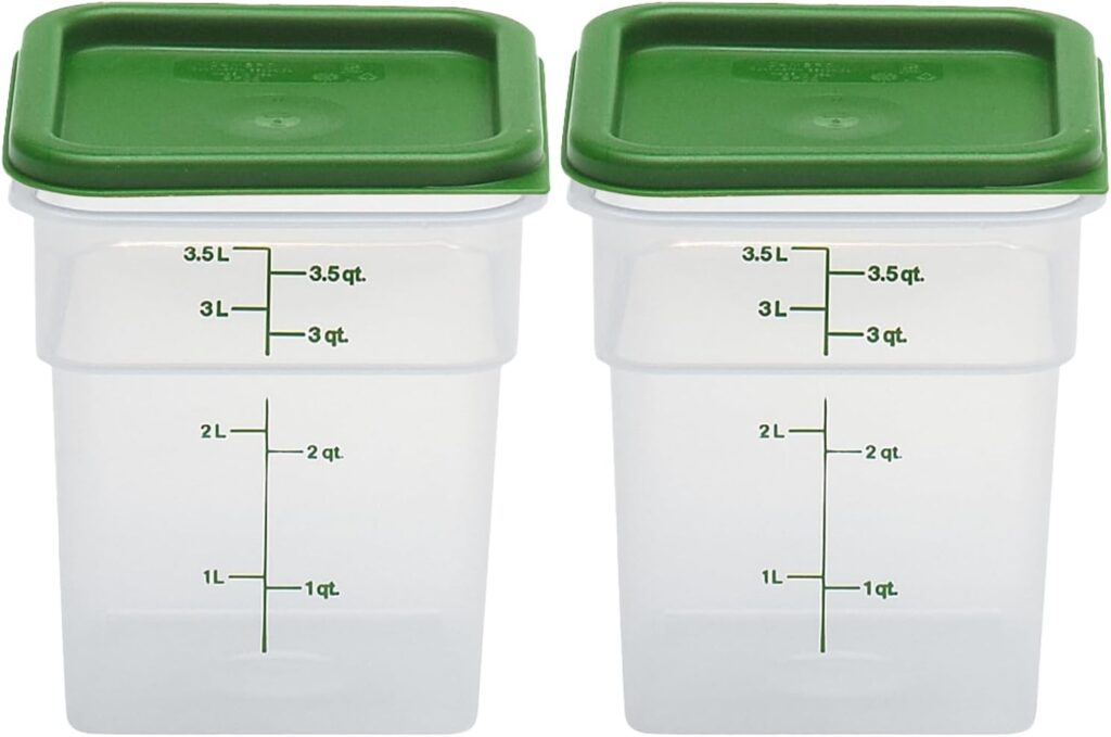 Cambro Food Storage Container with Lid (Microwave Safe and BPA-Free) – 2 Pack – Classic Series Square with Green Lid – 4 QT (Quart) – Commercial Grade for Food Prep (Translucent)