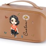 CALLIE Personalized Makeup Bag, Custom Cartoon Character with Birth Flower Name on Leather Makeup Pouch Bag, Birthday Mothers Gifts for Women