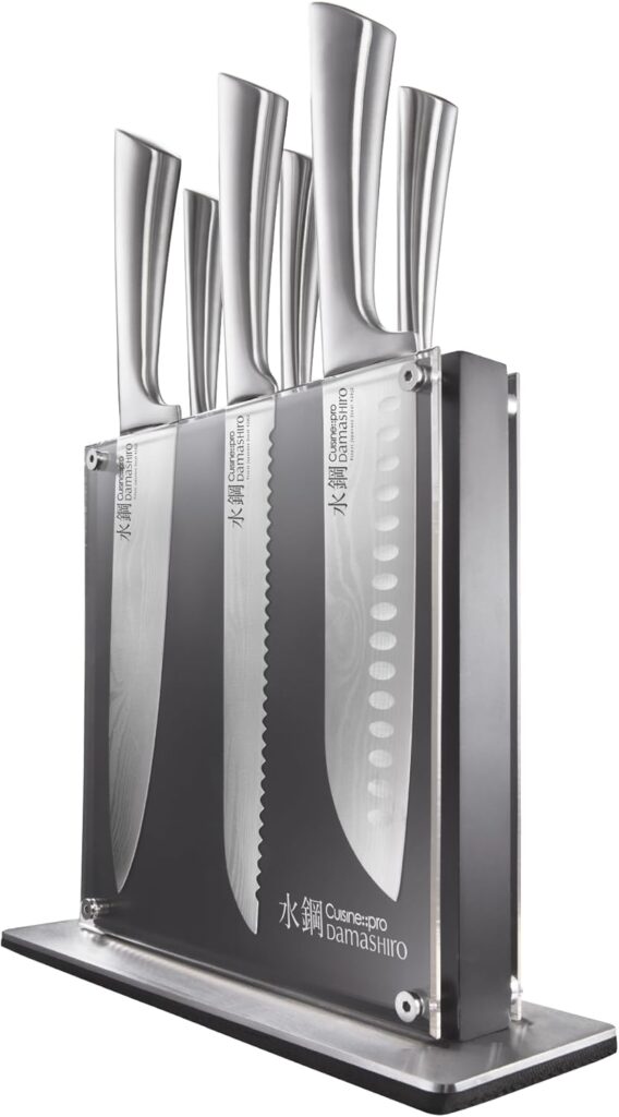 Cuisine::pro Damashiro Knife Block (Kumi, 7-Piece Chef Knife Set) – Japanese Steel Knife – Magnetic Knife Block- Damascus-Inspired Blade Kitchen Knives