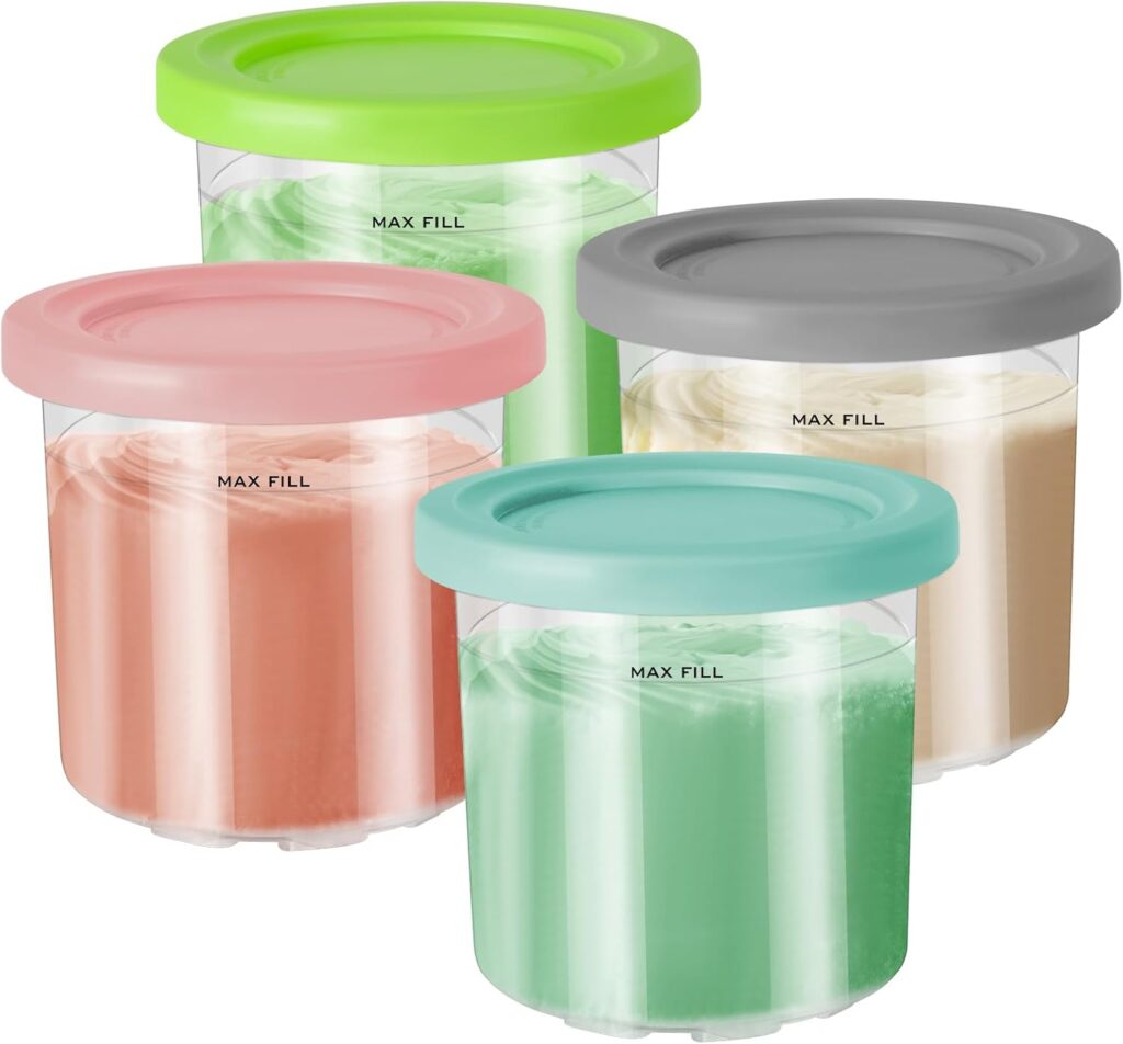 4 Pack Ice Cream Pint Containers, Replacement for Ninja Creami Pints and Lids, Compatible with NC299AMZ & NC300s Series Creami Ice Cream Makers, BPA Free, Dishwasher Safe, Grey/Pink/Green/Lake Blue