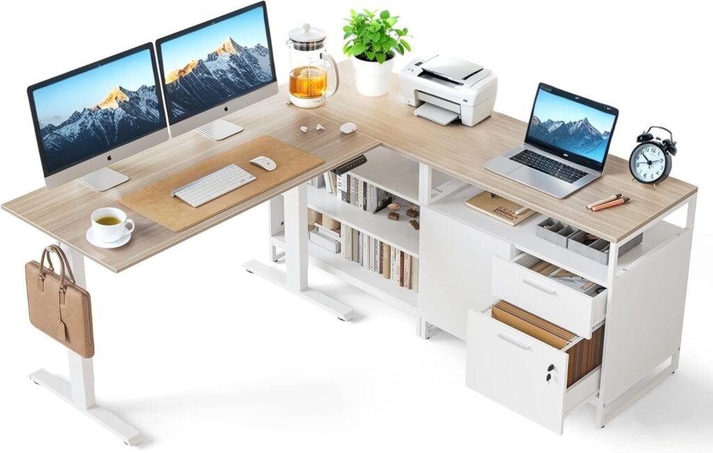 FEZIBO Electric L Shaped Standing Desk with Storage, Executive Desk Adjustable Height, Light Walnut