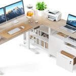 FEZIBO Electric L Shaped Standing Desk with Storage, Executive Desk Adjustable Height, Light Walnut