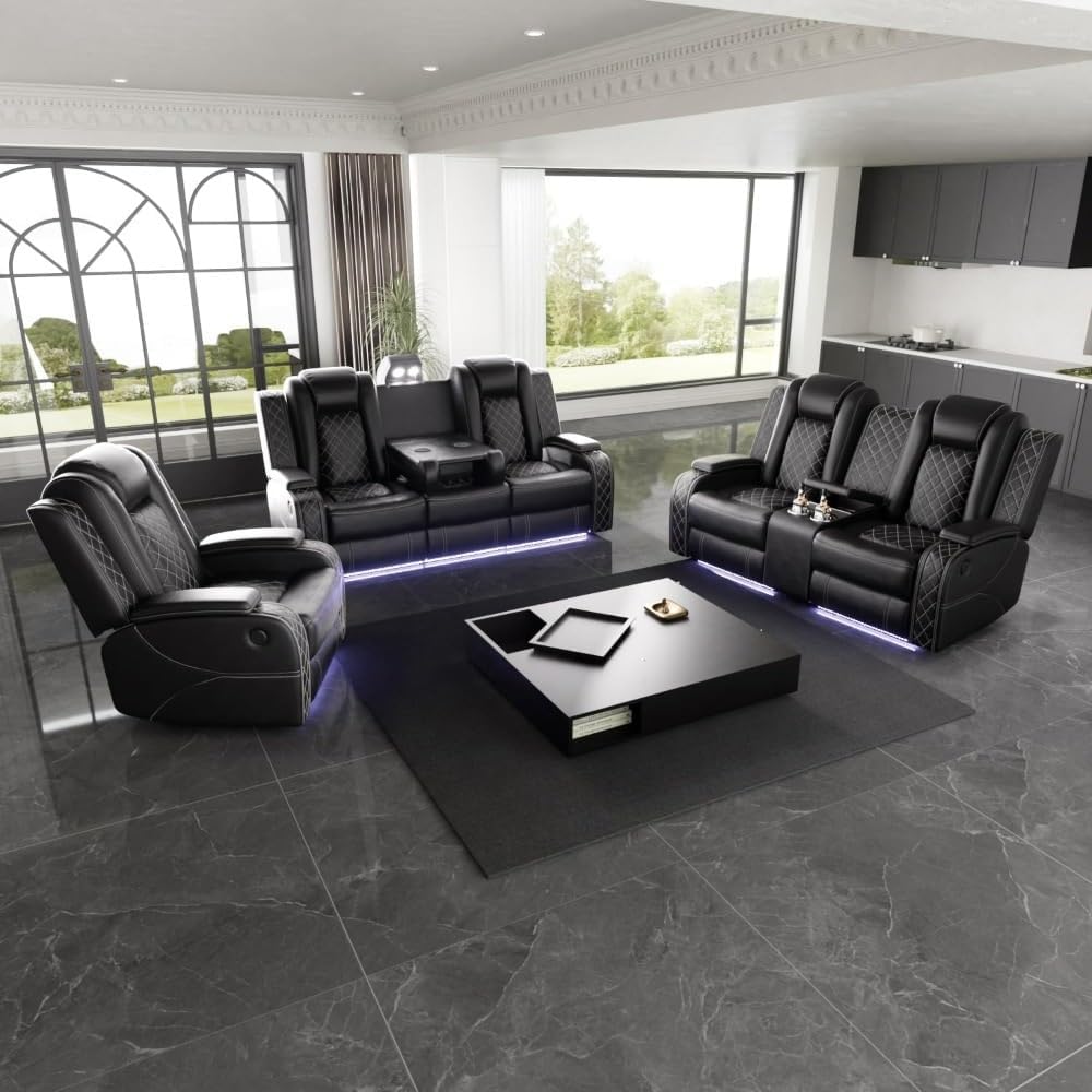 Electric PU Leather Recliner Sofa Set, Elderly Power Lift Recliner Chair with Storage Console, Leisure Home Theater Seating Sofa with Massage and Heated for Living Room, Bedroom