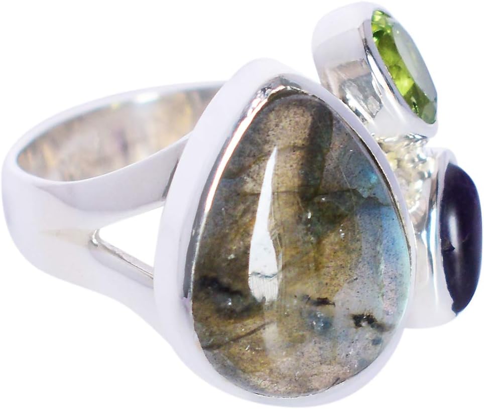 Natural Labradorite Peridot Amethyst Statement Ring 925 Sterling Silver Women’s Multicolor Gemstone Boho Cocktail Jewelry Handmade Artisan Band Unique Fashion Gift for Her