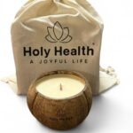 Holy Health® Coconut Scented Candle – Orange – Handmade in Natural Coconut Shell with Natural Wood Wick – Sweet & Energizing Aroma – Real Coconut Wax. Free Holy Health® Totebag.
