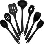 E-far Silicone Cooking Utensils Set, 7-Piece Black Heat Resistant Kitchen Utensils Set, Kitchen Nonstick Tools Spatula Ladle Spoon Pasta Server for Non-stick Cookware, Non-Toxic & Dishwasher safe