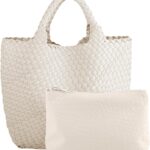Women’s Vegan Leather Tote Bag – Handmade Woven Beach Bag, Travel Handbag with Purse & Top Handle Hobo Tote