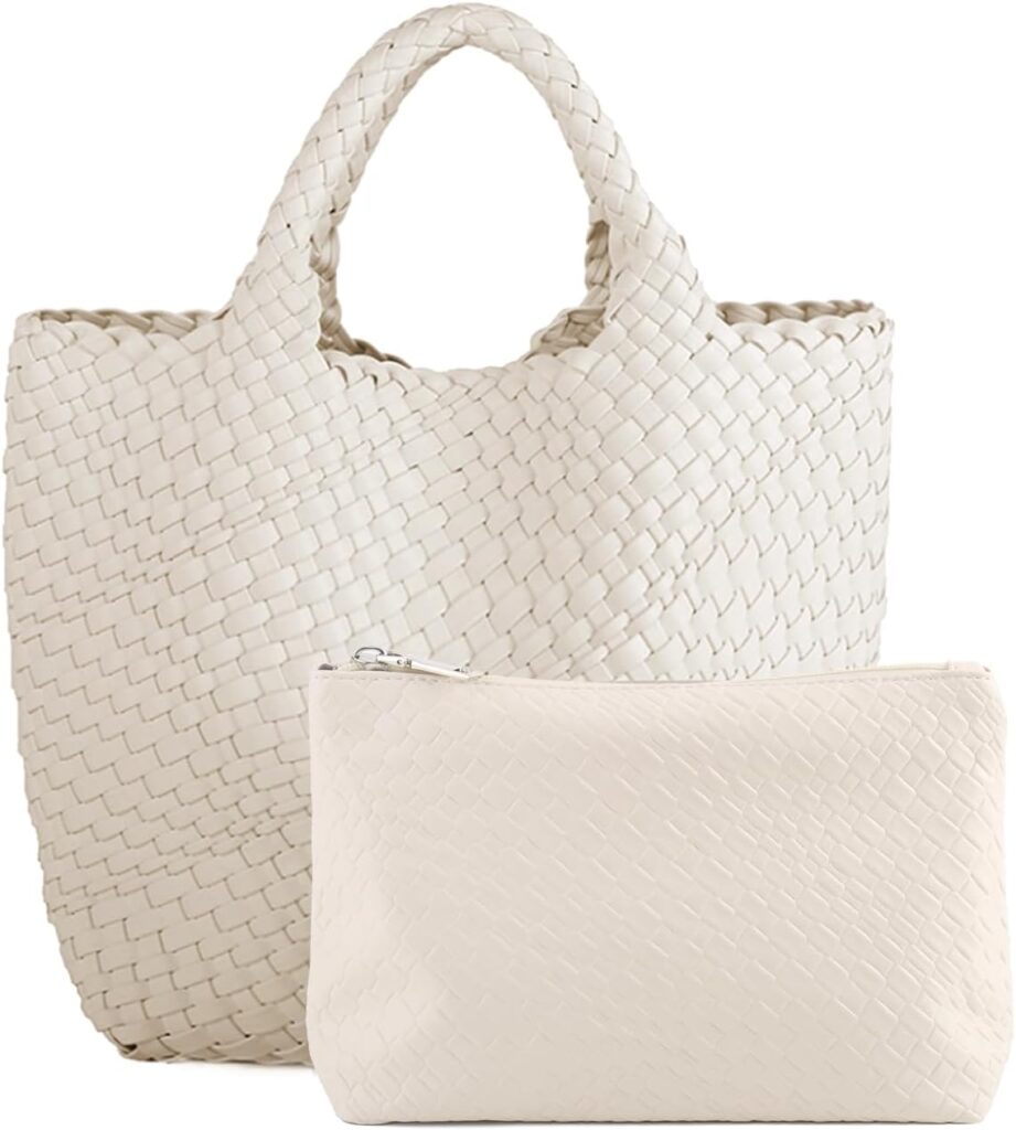 Women’s Vegan Leather Tote Bag – Handmade Woven Beach Bag, Travel Handbag with Purse & Top Handle Hobo Tote
