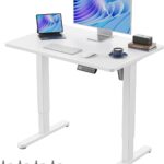 HUANUO Electric Small Standing Desk, 35″ x 24″ Whole Piece Desktop, Adjustable Height Computer Desk, 4 Height Memory Settings, Sit Stand Up Desk for Home Office, White