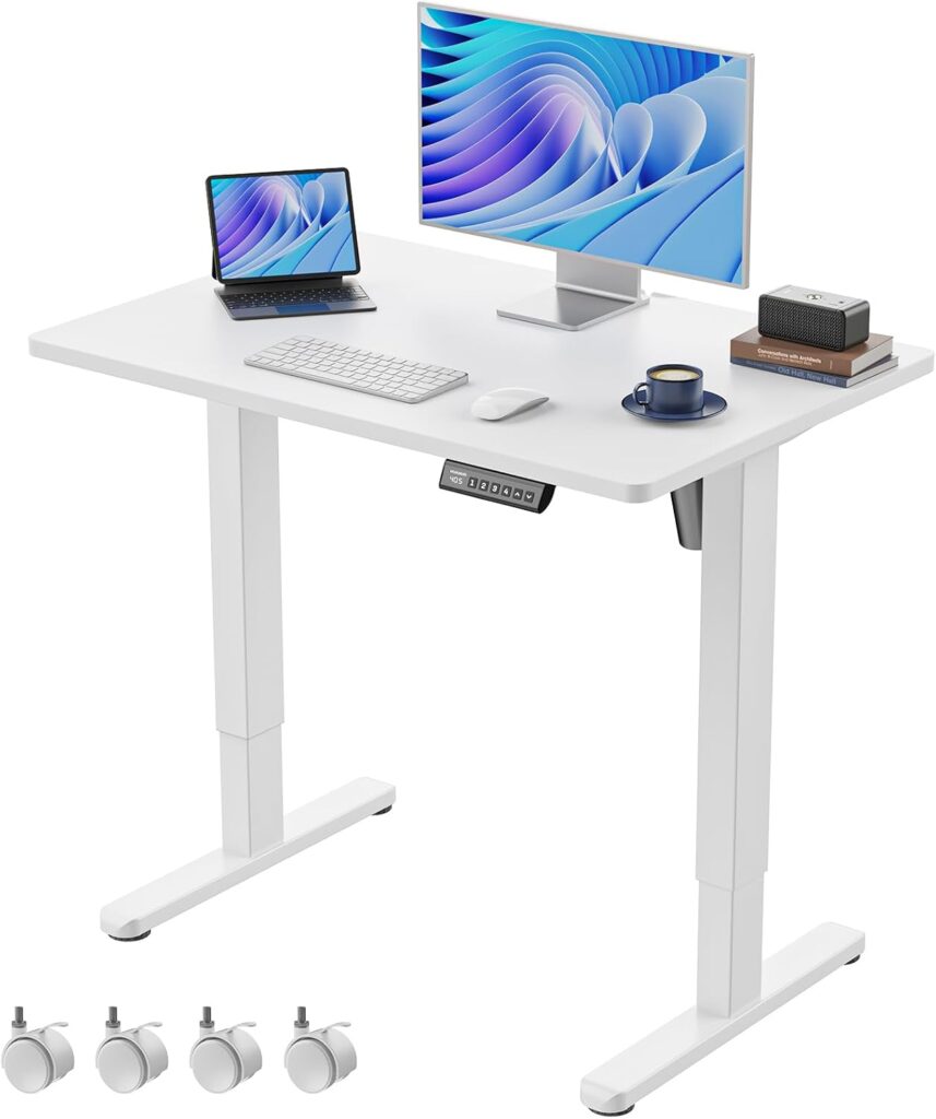 HUANUO Electric Small Standing Desk, 35″ x 24″ Whole Piece Desktop, Adjustable Height Computer Desk, 4 Height Memory Settings, Sit Stand Up Desk for Home Office, White