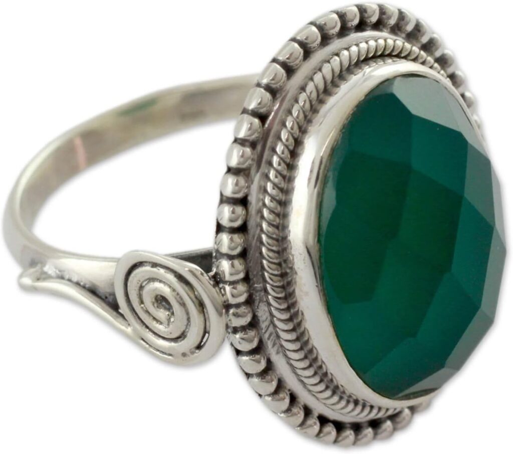 NOVICA Artisan Handmade .925 Sterling Silver Cocktail Ring with Green Onyx India Bright Cobalt Biscay Bay Birthstone ‘Green Magnificence’