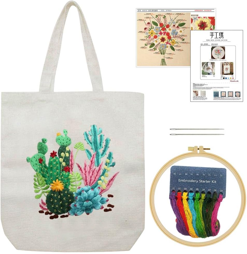 KABAKE Canvas Tote Bag Embroidery Kit for Beginners, Arts and DIY Crafts Starter Kit, Includes Stamped Bag, Threads, Tools (Beige With Cactus)