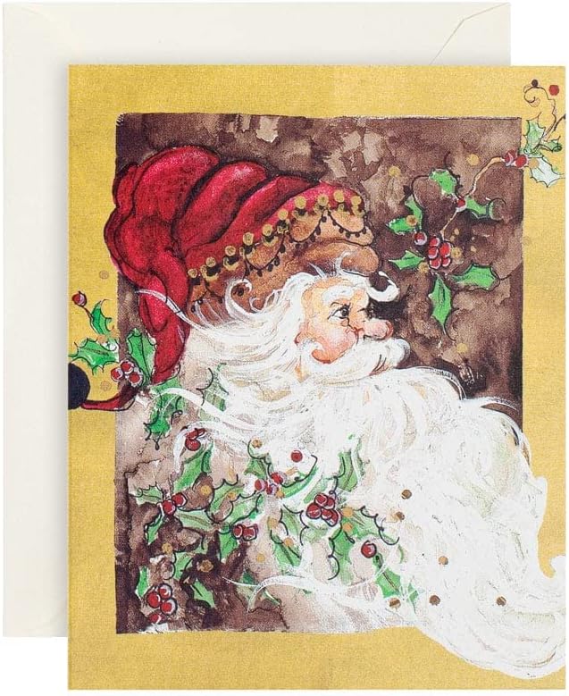 Caspari Santa and Holly Mini Boxed Christmas Cards – 15 Cards & 15 Envelopes