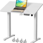 Small Electric Standing Desk with 90° Tiltable Board, 35″ x 20″ Whole Piece Height Adjustable Sit Stand Table with Lockable Wheels, Foldable Mobile Workstation for Home Office, White