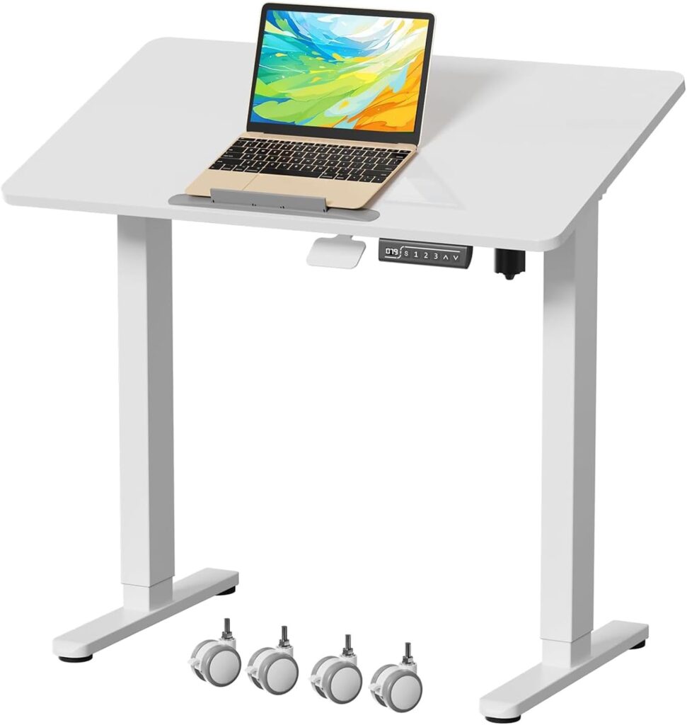 Small Electric Standing Desk with 90° Tiltable Board, 35″ x 20″ Whole Piece Height Adjustable Sit Stand Table with Lockable Wheels, Foldable Mobile Workstation for Home Office, White