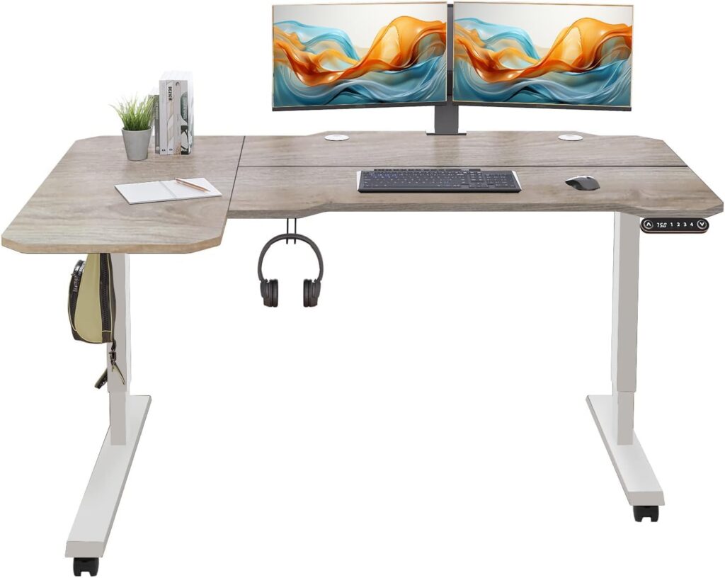 Electric L Shape 59 Inches Standing Desk, Height Adjustable Sit Stand Up Computer Table, Large Modern Smart Ergonomic Home Office Workstation with Splice Board Oak Top + White Frame