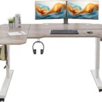 Electric L Shape 59 Inches Standing Desk, Height Adjustable Sit Stand Up Computer Table, Large Modern Smart Ergonomic Home Office Workstation with Splice Board Oak Top + White Frame