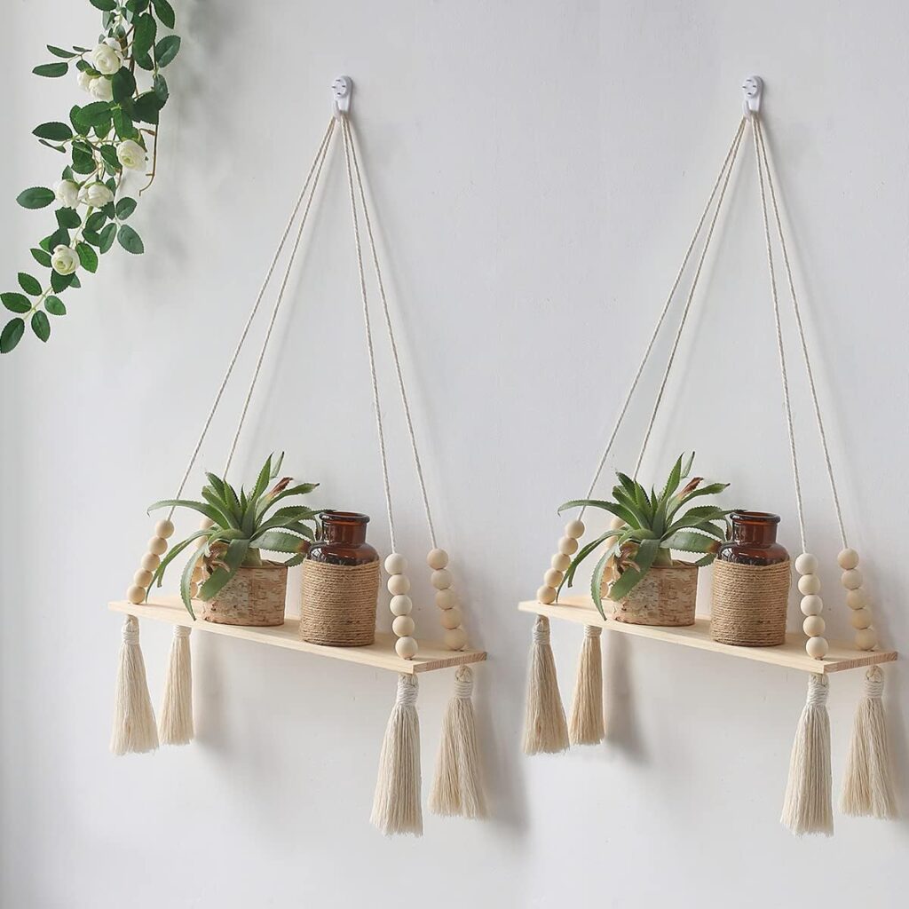 Artilady 2 Pack Wooden Wall Hanging Shelves – Macrame Hanging Plant Shelf with Tassel,Boho Storage Floating Shelves Handmade Rustic Hanger Planter Rack Pot Stand Holder