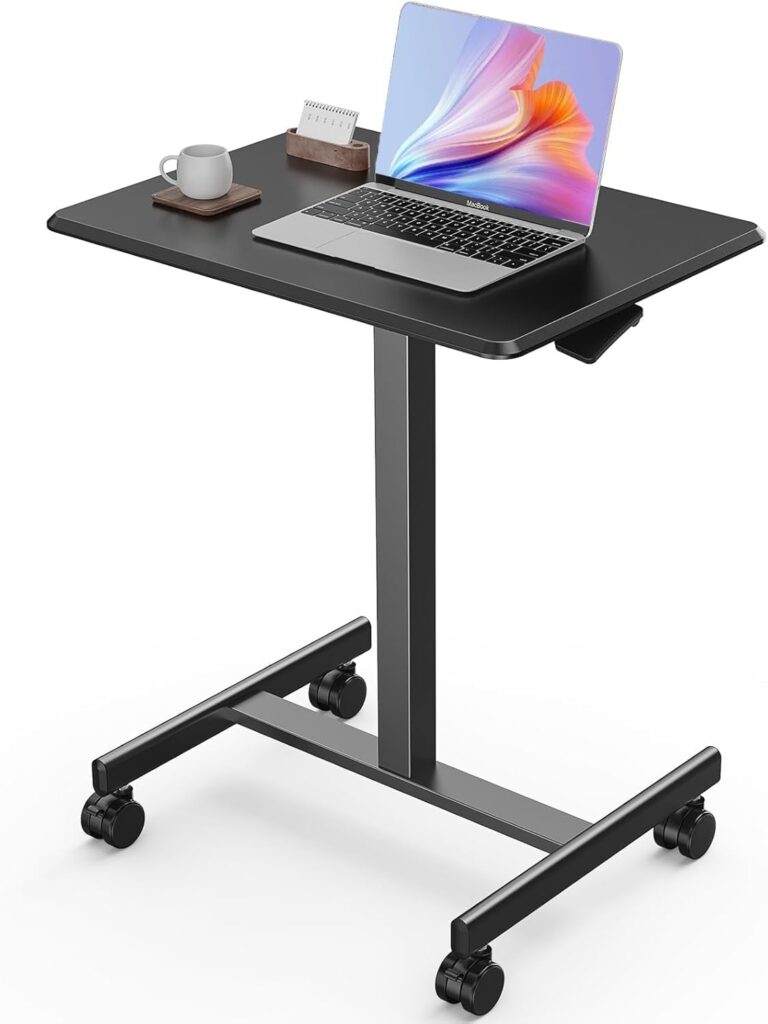 Sweetcrispy Mobile Small Standing Desk – Sit Stand Portable Rolling Laptop Desk with Lockable Wheels, Adjustable Height Computer Workstations, Modern Black
