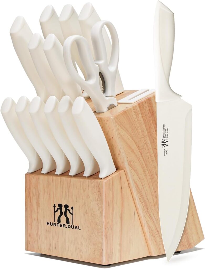 Knife Set, HUNTER.DUAL 15 Pcs Kitchen Knife Set with Block Self Sharpening, Dishwasher Safe, Anti-slip Handle (Beige)