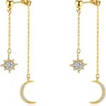 925 Sterling Silver/Gold/Rose Gold Two Tone Moon Star Earrings for Women Crescent Dangle with Cubic Zirconia Celestial Jewelry for Wedding