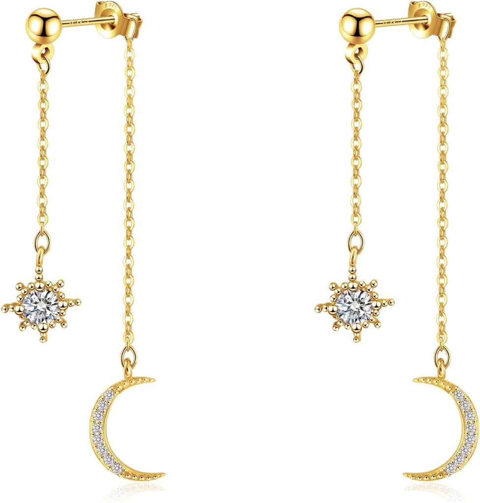 925 Sterling Silver/Gold/Rose Gold Two Tone Moon Star Earrings for Women Crescent Dangle with Cubic Zirconia Celestial Jewelry for Wedding