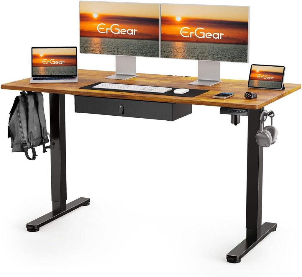 ErGear Electric Standing Desk with Drawer, 55 x 24 Stand Up Desk, Ergonomic Adjustable Table with Storage, Computer Workstation, Cable Management, Headphone/Bag Hooks, Home Office, Rustic Brown