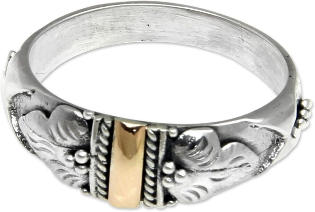 NOVICA Artisan Handmade 18k Gold Accent Band Ring Silver Sterling Indonesia Floral ‘Frangipani Aura’