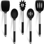 TeamFar Cooking Utensils Set, 5 PCS Silicone Kitchen Utensils with Stainless Steel Handle, for Nonstick Cookware Flipping Frying Turning Draining, Heatproof & Healthy, Nonstick & Easy Clean, Black