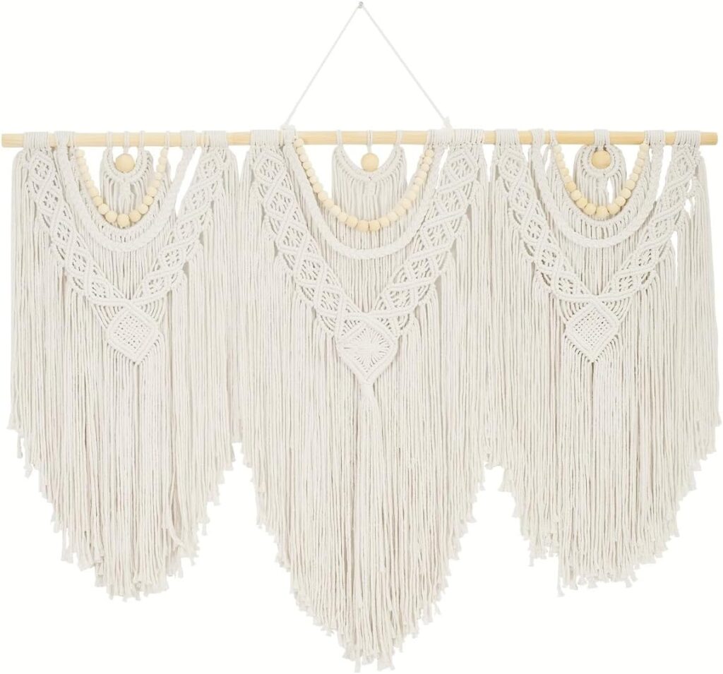 Large Macrame Wall Hanging, Cotton Hand-Woven Boho Tapestry Wall Decor, Above Bed Wall Art, Home Decoration for Bedroom Living Room Apartment Nursery (white, Bead)