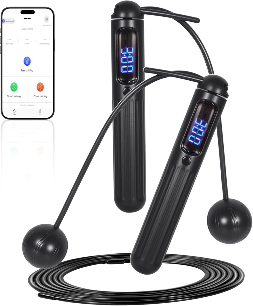 Smart Jump Rope Adjustable Jumping Rope with Weighted Ball Anti Slip Design Wireless Connection LED Display Dual Mode with Cord and Cordless High Precision Hall Sensor Durable PVC Material 360° Steel Bearings for Home Gym & Cardio Workouts